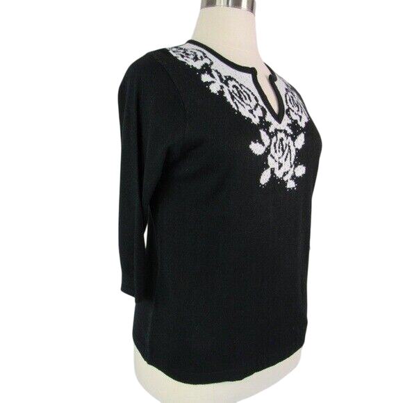 CD Petites Bling Sweater Y-Neck Pullover Floral Size XL Black - Picture 3 of 6